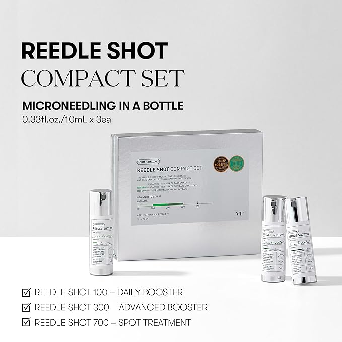 VT COSMETICS Reedle Shot Compact Set, Microneedling Serum Gift Set with Reedle Shot 100, 300, 700, Exfoliating, Anti-Aging, Travel Size Skincare, Gift Set for Glass Skin (0.34 oz / 10ml each)