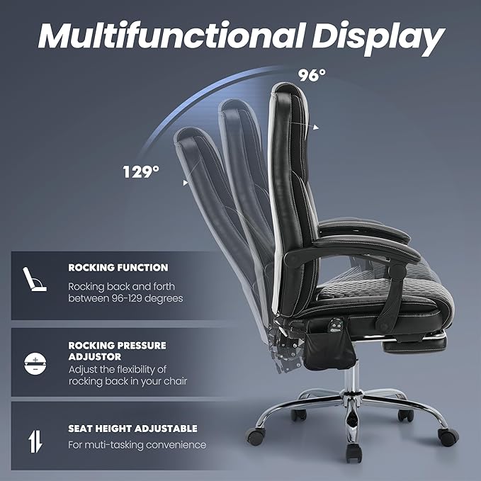 Massage Office Chair with 3-Level Heat and Footrest – 20-Min Easy Assembly, 300 lbs Big and Tall Desk Chair, PU Leather Ergonomic Executive Computer Chair with Side Pocket, Black,Set of 2