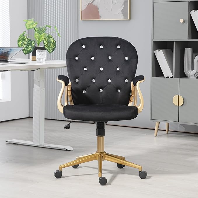 Velvet Home Office Desk Chair Comfy with Gold Base, Comfortable Swivel Makeup Chairs for Vanity with Back and Wheels, Button Tufted Armchair Rolling Chair for Girls Women Study Bedroom, Black