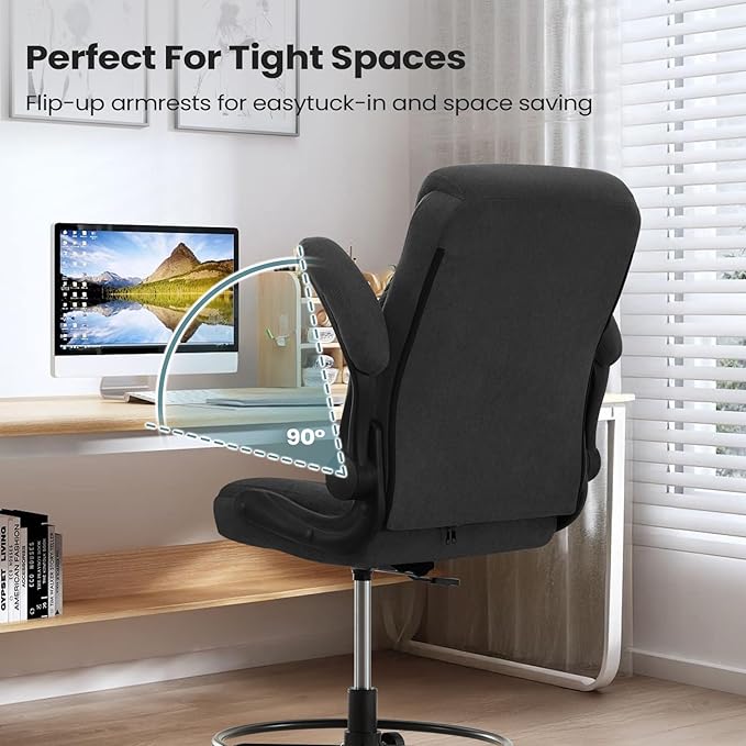 Drafting Chair for Standing Desk – Tall Office Chair with Adjustable Height & Foot Ring, Flip-Up Arms, Lumbar Support – Comfortable Fabric Seat, Ideal Home Desk Chair