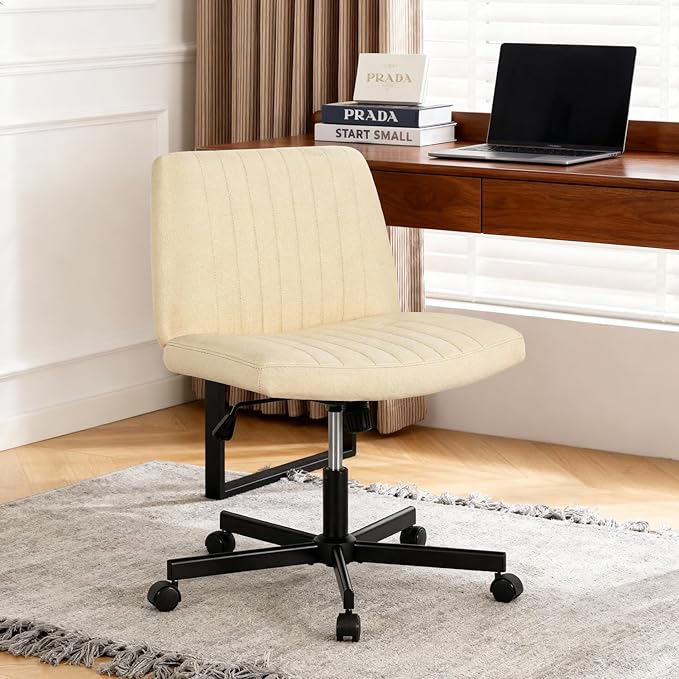 FDW Criss Cross Chair with Wheels Cross Legged Office Desk Modern Swivel Height Adjustable Wide Seat Computer Task Vanity Chair Comfy Fabric Armless Seating for Home Office