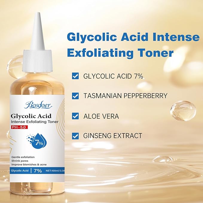 7% Glycolic Exfoliating Acid Toner, Even Skin Tone, Smooth Skin, Unclogs Pores, Gentle Effective Toner with Hydrating Properties for Daily Use