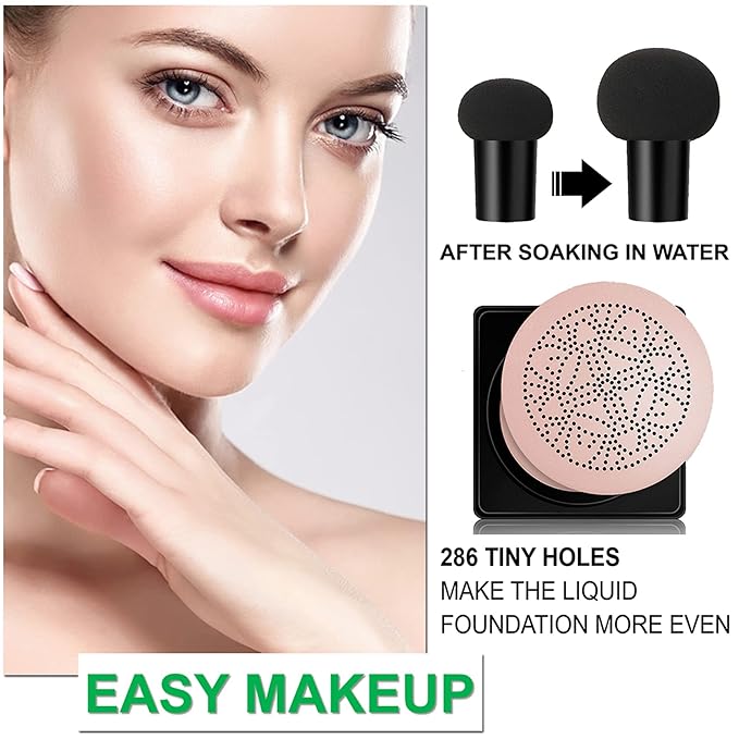 Mushroom Head Air Cushion & BB Cream CC Cream Liquid Foundation Concealer - Lasting, Moisturizing Makeup Base for Even Skin Tone - Natural Finish