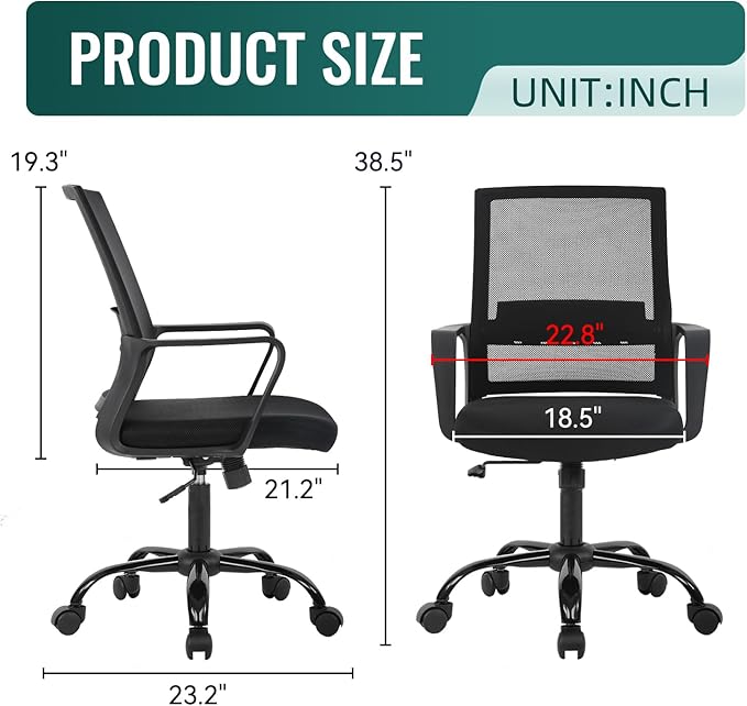 BestOffice Swivel Rolling Computer Chair Executive Lumbar Support Task Mesh Chair Adjustable Stool for Women Men (Black)