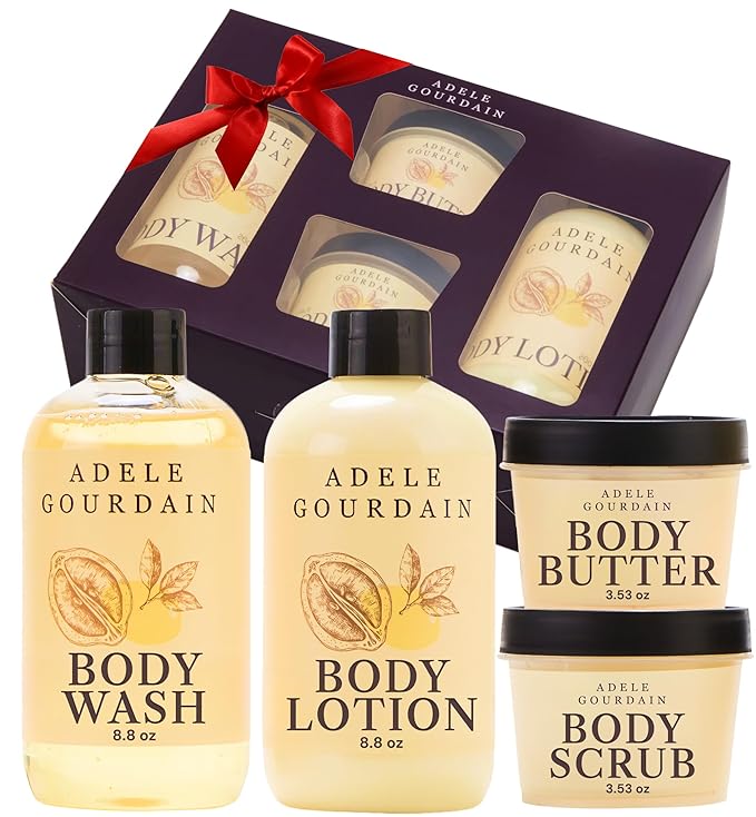 Self Care Kit Woman - 4pcs Citrus Scent - Bath and Body Care Gift Basket for Women - Personal Care Spa Care Package with Body Wash, Lotion, Scrub & Butter, Birthday Gifts for Her