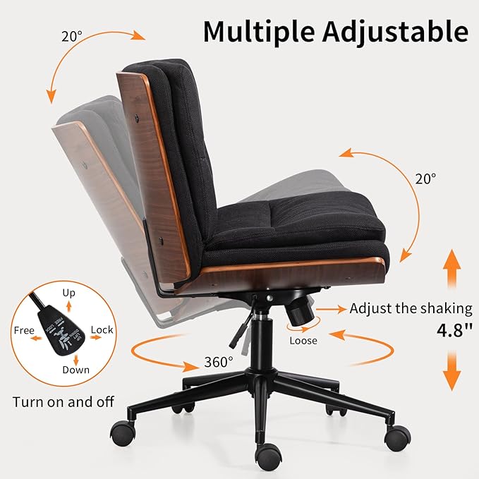 Armless Modern Walnut Office Desk Chair with Wheels, Adjustable Wide Swivel Task Chair, Ergonomic Cross Legged Fabric Chair for Conference Room, Home Office (Black)