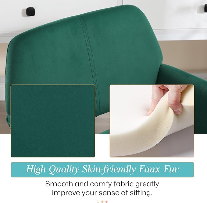Home Office Velvet Desk Chair, Makeup Vanity Chair, Comfy Accent Armchair with Wood Grain Metal Legs, Cute Dining Chair with Hollowed Back, Dark Green