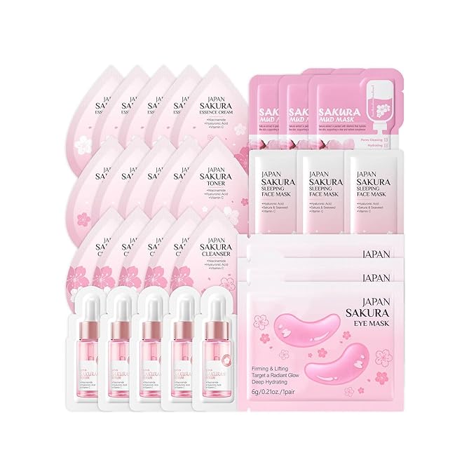Mini Travel Skincare Set, 29 Piece Mini Travel Essentials Kit With Facial Cleanser, Toner, Serum, Cream, Eye Mask, Sleeping Mask, Mud Mask, Sakura Skin Care Gift Set For Teen Girls And Women