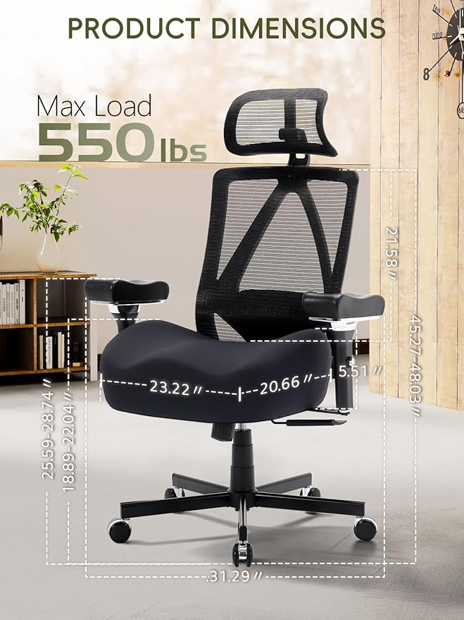 Big and Tall Office Chair 550lbs, Ergonomic Desk Chair with W Thick Cushion&4D Armrest, Executive Mesh Desk Chair with Adjustable Lumbar Support, 2D Headrest, Swivel Task Chairs for Home Office Gaming