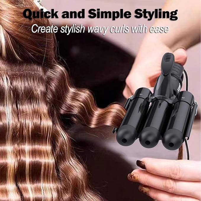 kuwa Crimper Hair Tool,15 Variable Temperature Beach Waves Curling Iron,3 Barrel Curling Iron,Hair Crimper for Women,HairWaver with LCD Temperature Display