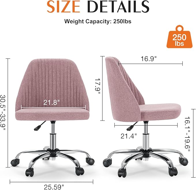 Sweetcrispy Armless Vanity Chair, Cute Comfy Home Office Desk Chair with Wheels, Modern Upholstered Task Computer Seat for Bedroom, Study, Makeup Vanity, Height Adjustable & Swivel Fit, Dusty Pink