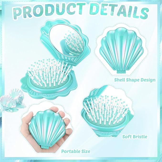 Meanplan 12 Pcs Mermaid Party Favors Shell Hair Brush with Mirror Foldable Mini Travel Pocket Hair Brush Compact Makeup Comb for Women Girls Valentines Day Birthday Gifts(Cyan)