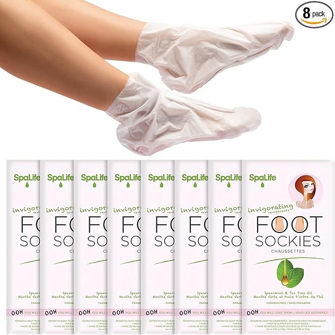 SpaLife Moisturizing Foot Sockies | Foot Mask for Dry Cracked Feet Intensive Repair Treatment | Tea Tree Oil Softening Booties | Callus Remover Alternative | Self Care Gifts for Women | 8 Pack