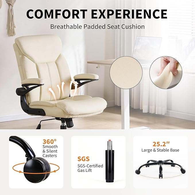 Home Office Ergonomic Desk Chair - Comfy Leather Executive Chair with Flip-Up Armrests, Lumbar Support, 360° Swivel & Rocking (Beige)