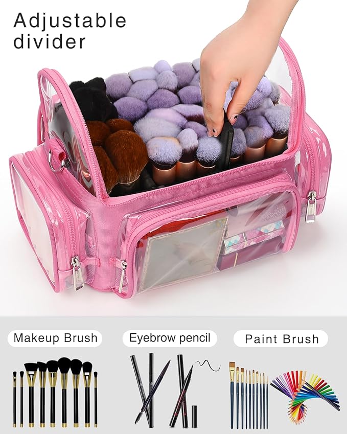 Pink Makeup Brush Bag, Large Makeup Brush Holder Professional Makeup Artist Travel Case Clear Waterproof Cosmetic Organizer Bag, Full Open Easy to Access, with Adjustable Strap and Dividers