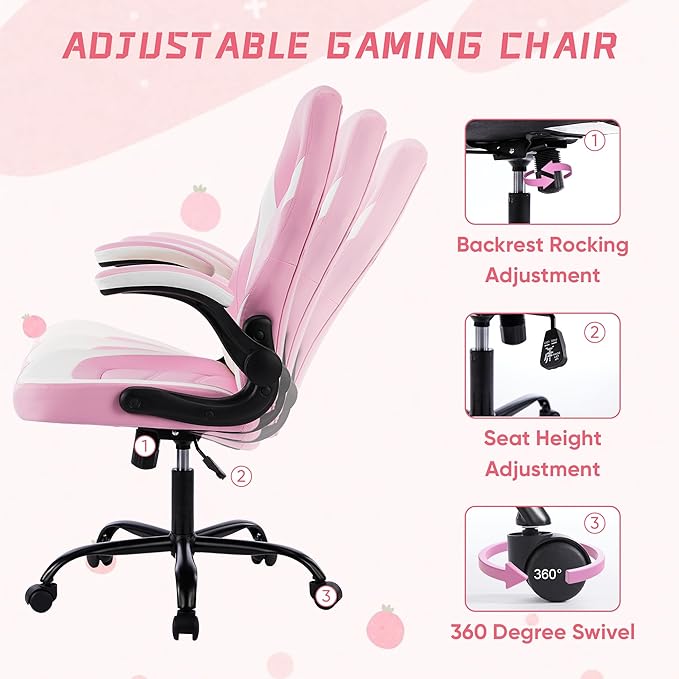 NEWBULIG Computer Gaming Desk Chair - Big Tall Ergonomic Lumbar Support with Flip-up Armrest and 360° Swivel Wheels, PU Leather Height Adjustable, for Home and Office, Pink