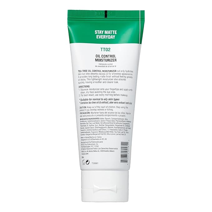 KISS NEW YORK Face Moisturizer Tea Tree Oil Control Anti-Shine Facial Moisturizer, Korean Skin Care For Normal to Oily Skin, Lightweight Formula 3.38 Fl Oz (1 PACK)