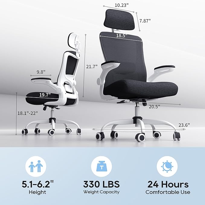 Ergonomic Office Chair, High Back Mesh Desk Chair with Adjustable Lumbar Support & Headrest, Flip-up Armrest, Computer Task Chairs for Home and Executive Office (W-Black)