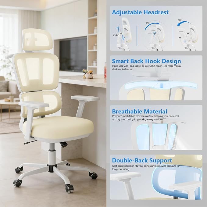 Office Chair Ergonomic Desk Chair with Lumbar Support and Headrest, Thick Cushion Mesh Computer Chair with Armrest and Tilt Lock, High Back Home Office Desk Chairs for Men Women