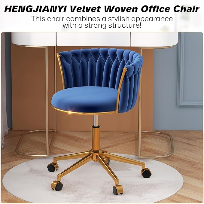 Velvet Woven Home Office Chair, Modern Swivel Desk Chair with Wheels, Height Adjustable Vanity Chair with Gold Metal Base and Hand Weaving Back for Bedroom Study Small Space, Navy Blue