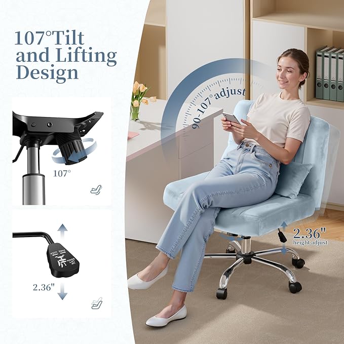 Criss Cross Office Chair with Wheels, Velvet Cross Legged Desk Chair for Bedroom, Armless Computer Chair, Modern Vanity Chair, Festival for Adults, Light Blue