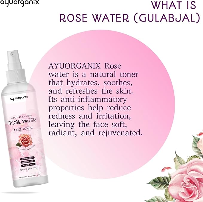 AYUORGANIX Pure Rose Water Spray 200ml - 100% Natural & Organic, Hydrating Toner for Face, Skin & Hair Care, Refreshing Mist for All Skin Types, Alcohol-Free, Steam Distilled