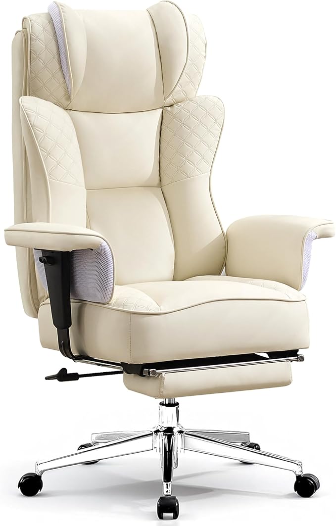 Big and Tall Office Chair, Ergonomic Leather Reclining Chair with Footrest, High-Back Comfy Executive Computer Desk Chairs with Lumbar Support, Wide Seat, 400LBS (Beige)