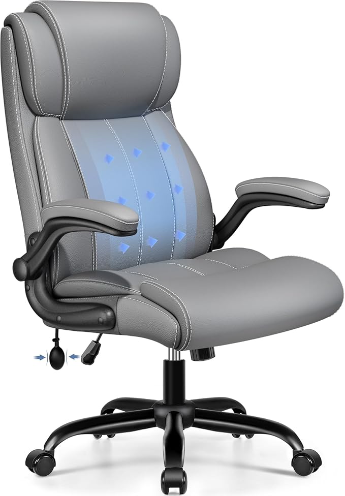 Ergonomic Office Chair - Desk Computer Chair, Leather High Back Executive Chairs with Adjustable Lumbar Support for Adults, Rolling Swivel Tilt, Gray
