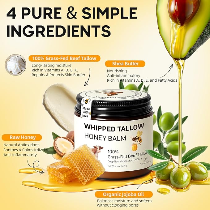 Beef Tallow for Skin, 100% Grass-Fed Whipped Beef Tallow and Honey Balm, Moisturizer for Face & Body, Natural Formula with Organic Jojoba Oil, Shea Butter for Dry, Sensitive Skin, 4 Oz