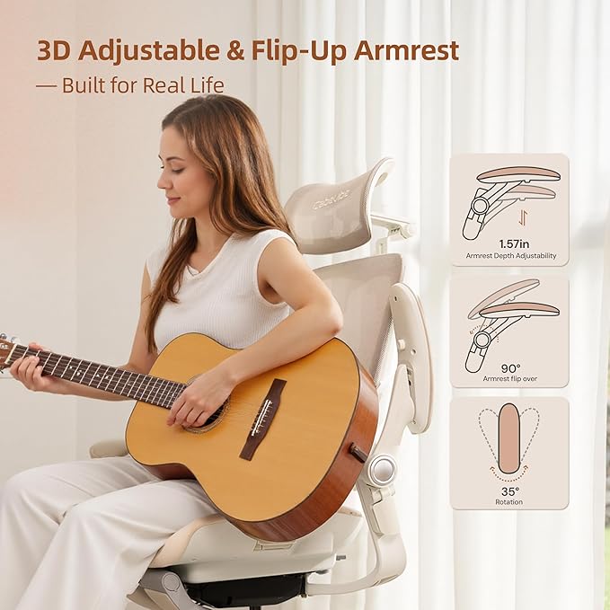 CabLady S2 Petite Ergonomic Office Chair for Women, Small Frame Desk Chair with Adjustable Lumbar, Headrest & Footrest, Space-Saving Flip-Up Armrests