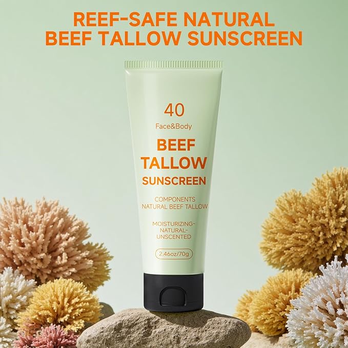 Sunscreen for Face, Beef Tallow for Skin, Reef Safe Travel Sunblock Grass-Fed Natural for All Skin Type Deep Hydration Moisturizing Non Greasy Anti White Cast, 2 Packs