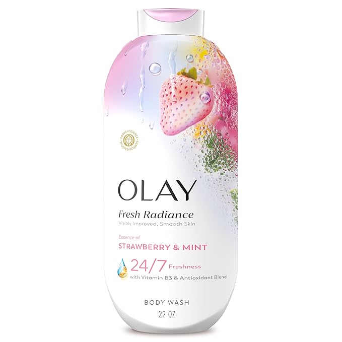 Olay Body Wash for Women, Fresh Radiance, 24/7 Skin-Loving Freshness, Visibly Radiant, Plant Based Cleansers, Vitamin B3 & Antioxidant Blend, For All Skin Types, Strawberry & Mint Scent, 22 fl oz