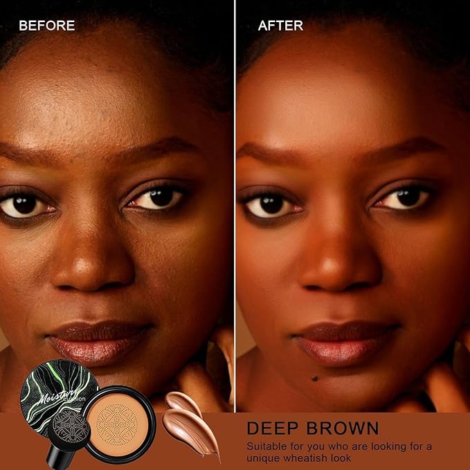Mushroom Head Air Cushion CC Cream - BB Cream Face Makeup for Mature Skin, Moisturizing Cover Balm Foundation & Long-Lasting Color Correcting Concealer, Even Skin Tone for All Skin (Deep Brown)