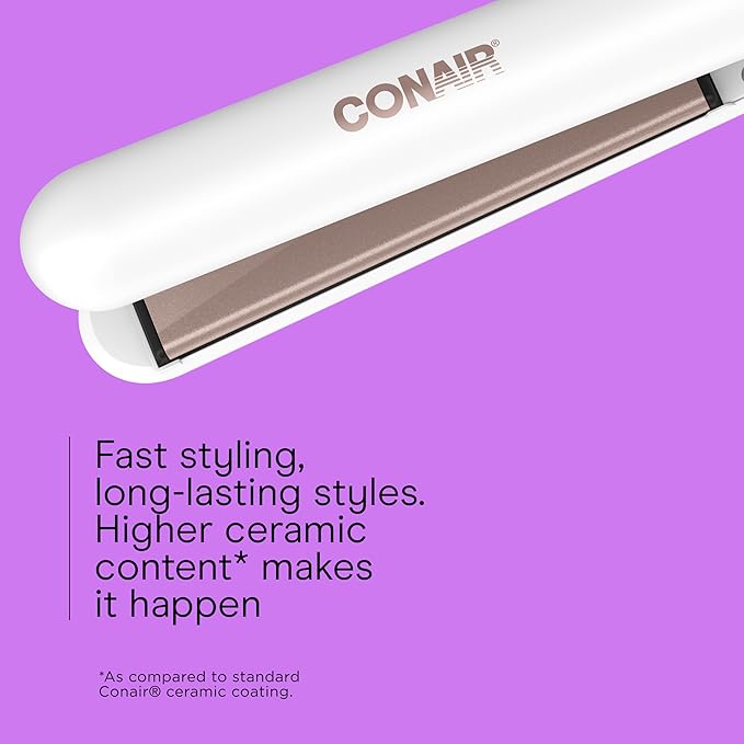 Conair Double Ceramic Flat Iron, 1-Inch Flat Iron Hair Straightener with Claw Clip, 5 Heat Settings, Extra-Long Floating Plates, White