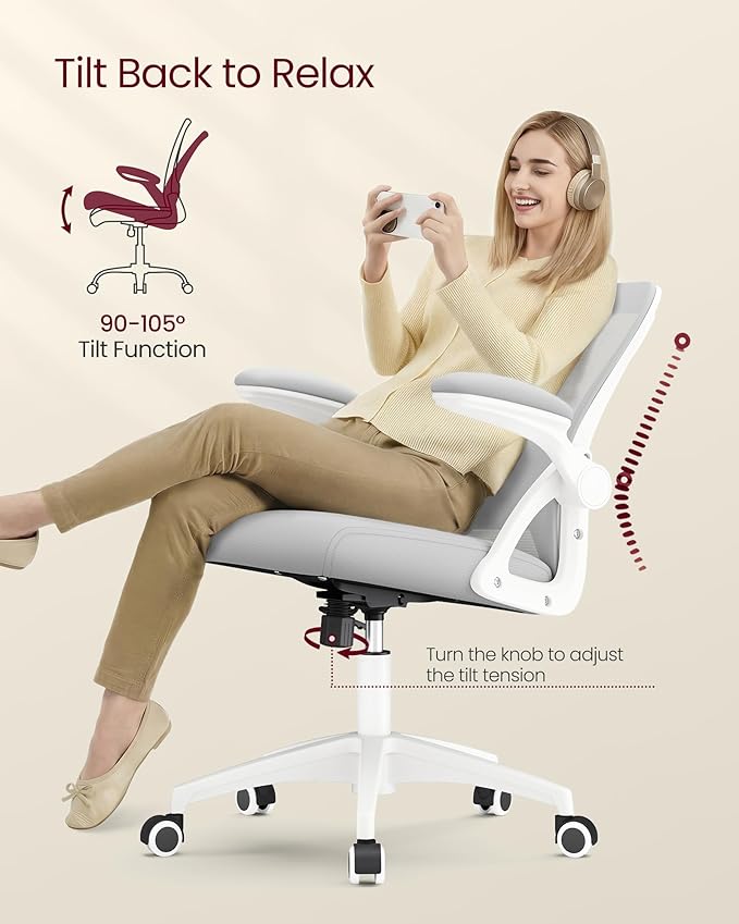VASAGLE Ergonomic Mesh Office Chair with Adjustable Lumbar Support, 90-105° Tilt Function, Wide Seat, Flip‑Up Armrests, Computer Desk Chair for Home Office, Dove Gray UOBN045GD01S