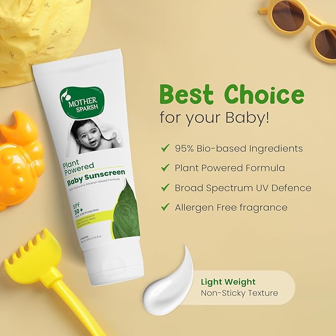 Mother Sparsh Natural Baby Sunscreen Lotion with Organic Ingredients, SPF 30+, Plant derived 95% Bio Based Ingredients - UVA/UVB Protection, 100ml