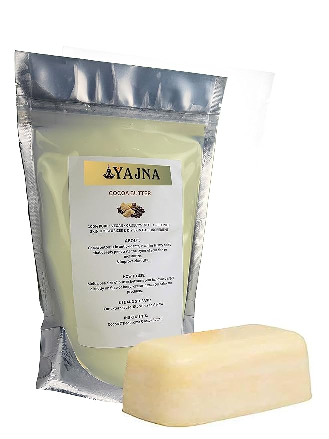 Yajna Organic Raw Cocoa Butter 100% Pure,Natural & Unrefined| Skin Moisturizer For Face, Body & Hair| 1 LBS/450 GM Ivory/White Grade A | DIY Creams, Balms, Lotions, Soaps| Softens Dry & Tough Skin