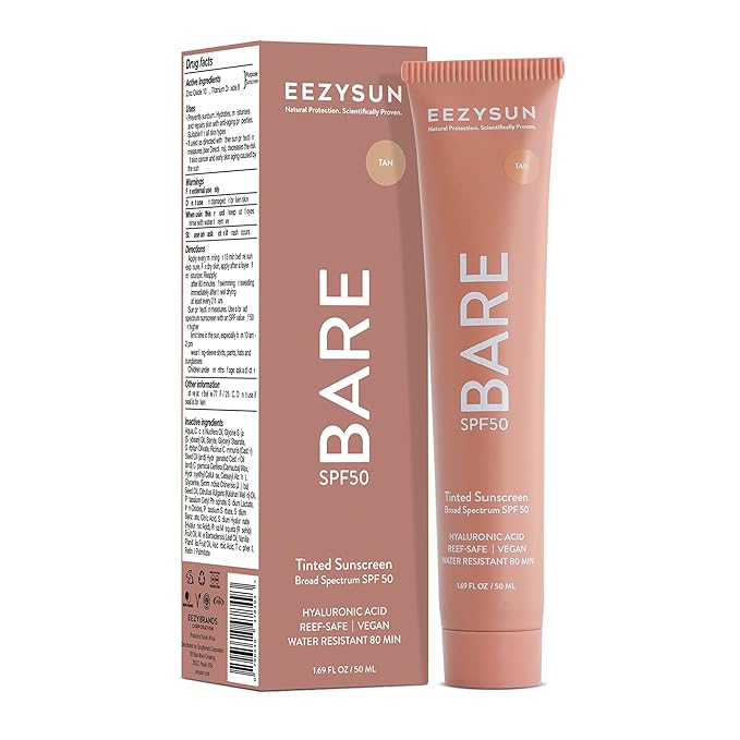 BARE Tinted Sunscreen for Face SPF 50 - Non-Greasy, Weightless, Water-Resistant, Vegan & Reef-Safe Tinted Moisturizer with SPF, Hyaluronic Acid, Jojoba Oil - All Skin Types, 1.69 fl oz - Tan