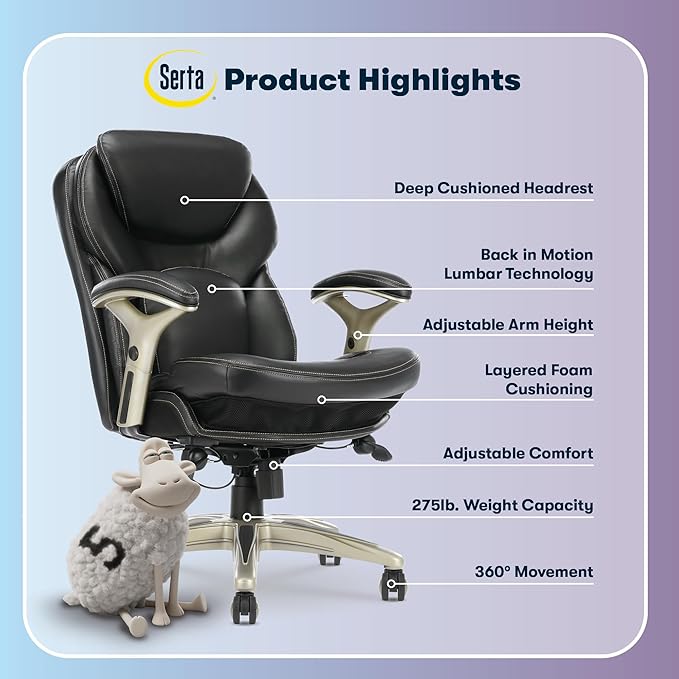 Serta Claremont Ergonomic Executive Office Chair with Back in Motion Technology, Adjustable Mid Back Desk Chair with Lumbar Support, Bonded Leather, Black