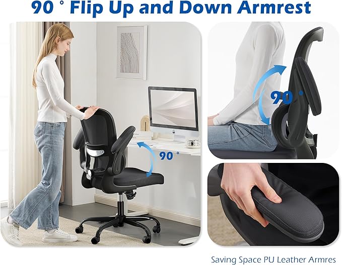 TRALT Ergonomic Office Chair - Desk Chair with Adjustable Lumbar Support Computer Chair - Mesh Comfy Chair with Flip-up Armrests - Gaming Chairs for Adults Home Office (Leather, Black)