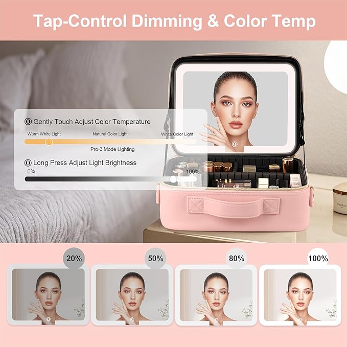BEAUTY CASE Makeup Bag with Led Mirror, 12 Inch Portable Travel Cosmetic Organizer Case with Adjustable Dividers, USB Charging, Large Capacity, Ideal for Travel, Gift for Women Girls, Pink