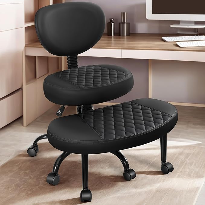 Ergonomic Cross Legged Office Chair with Wheels - Adjustable Height for Meditation, ADHD Desk & Yoga - Wide Criss Cross Design with Lumbar Support, Kneeling Chair - Black