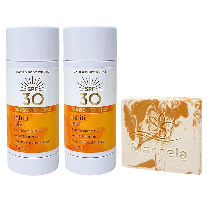 Bath & Body Works Tahiti Isle 2 SPF 30 Sunscreen Body Sticks Travel Size with a Peach Gardenia Sample Soap