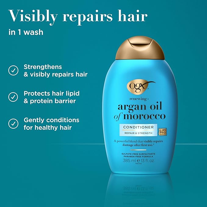 OGX Renewing + Argan Oil of Morocco Conditioner, Repair Conditioner & Argan Oil Helps Strengthen & Repair Dry, Damaged Hair, Paraben-Free, Sulfate-Free Surfactants, 13 fl. oz