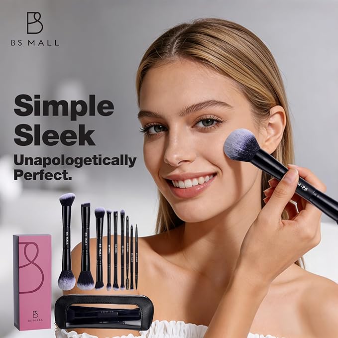 BS-MALL Double-ended Makeup Brush Set With Concealer Brush & Foundation Brush, Eyeshadow Brush- Travel-friendly Multi-purpose Brushes In Makeup Bag For Daily Use (9 PCS Black)