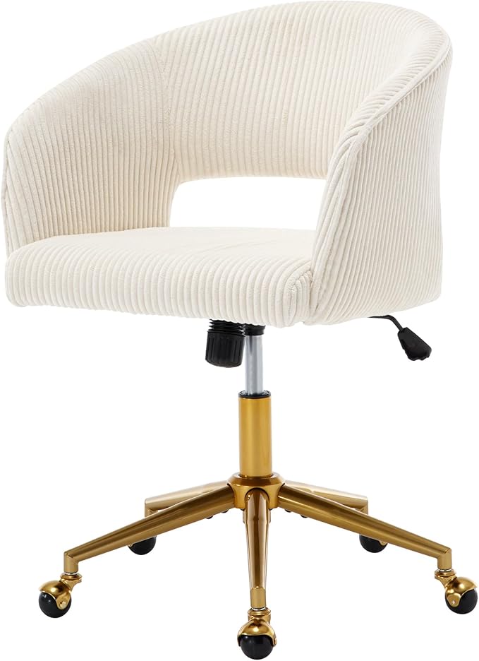 Westice Home Office Desk Chairs, Modern Corduroy Rolling Chair, Height Adjustable Swivel Vanity Chair with Golden Base, Ergonomic Chair for Vanity Study, Living Room Computer Room, Beige