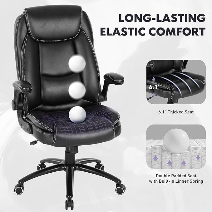Ergonomic PU Leather Office Chair with Flip-Up Armrests & Reclining Backrest, 300lbs Thick Padded Seat Executive Desk Chair-Adjustable Height & Tilt Tension, Brown, Black