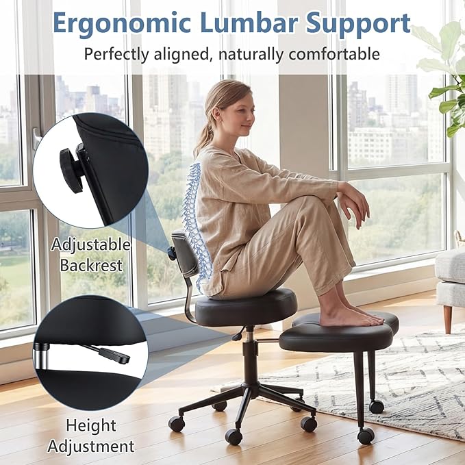 DUMOS Ergonomic ADHD Cross Legged Office Desk Chair with Adjustable Backrest, Height Adjustable Meditation Chair with 360° Swivel Footstool, PU Leather Yoga Stool for Home Office, Black