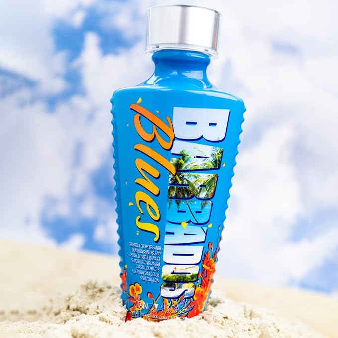 Tanovations Barbados Blues Tanning Lotion - Caribbean Color Creator Skin Quenching Island Cherry, Blissful Banana & Moisturizing Mango Coastal Extracts Blue Hued for a Beach Bronzed Glow - 11 oz.