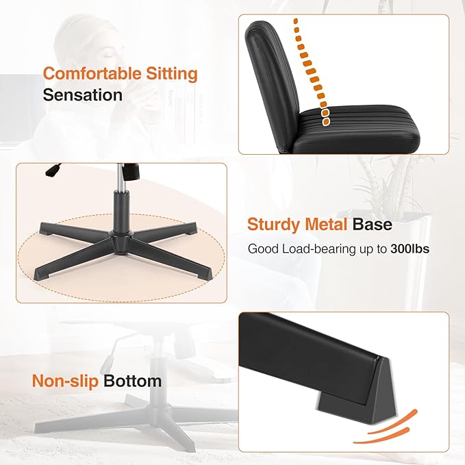 Sweetcrispy Criss Cross Chair Legged, Armless Office Swivel Desk Chair No Wheels, Vanity Height Adjustable Wide Seat Faux Leather Computer Task Seating for Home Bedroom